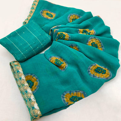 Cyan Green Bandhani Printed Georgette Saree With Sequins Border