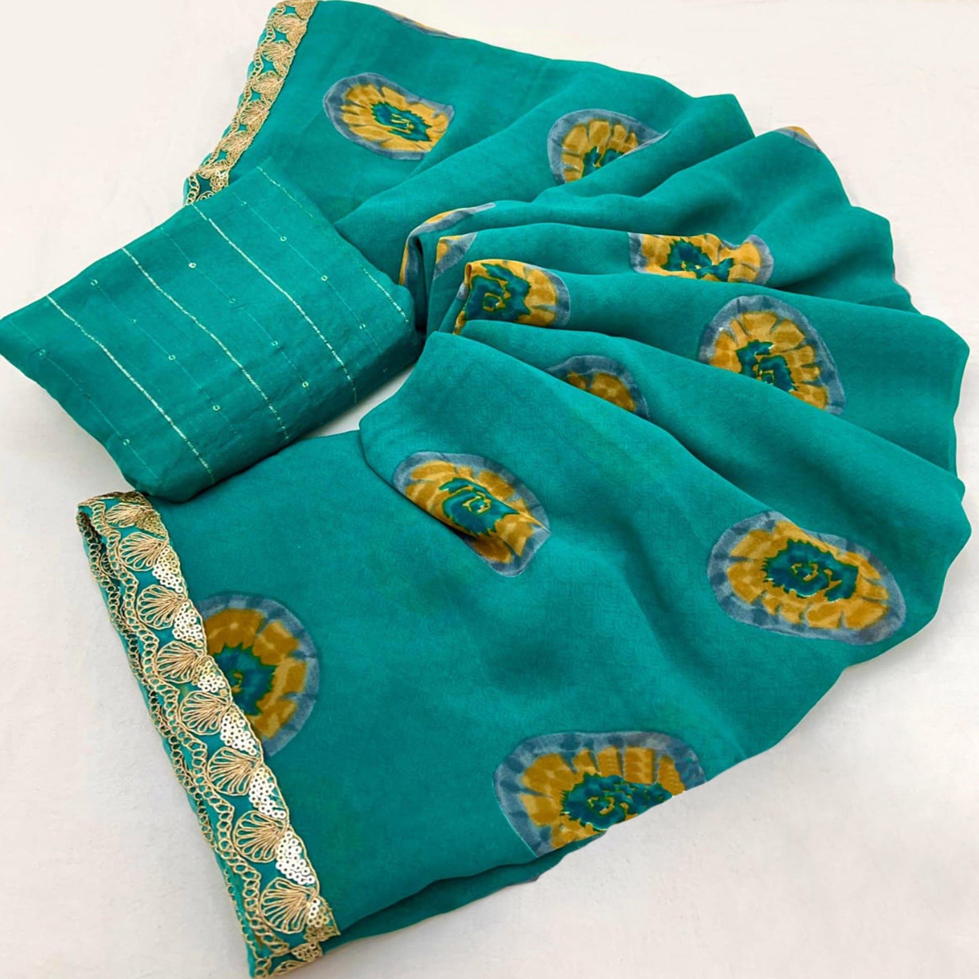 Cyan Green Bandhani Printed Georgette Saree With Sequins Border
