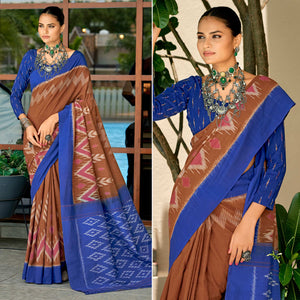 Brown & Blue Ikkat Printed Mulmul Cotton Saree