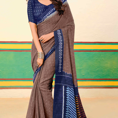 Brown Ikkat Printed Mulmul Cotton Saree