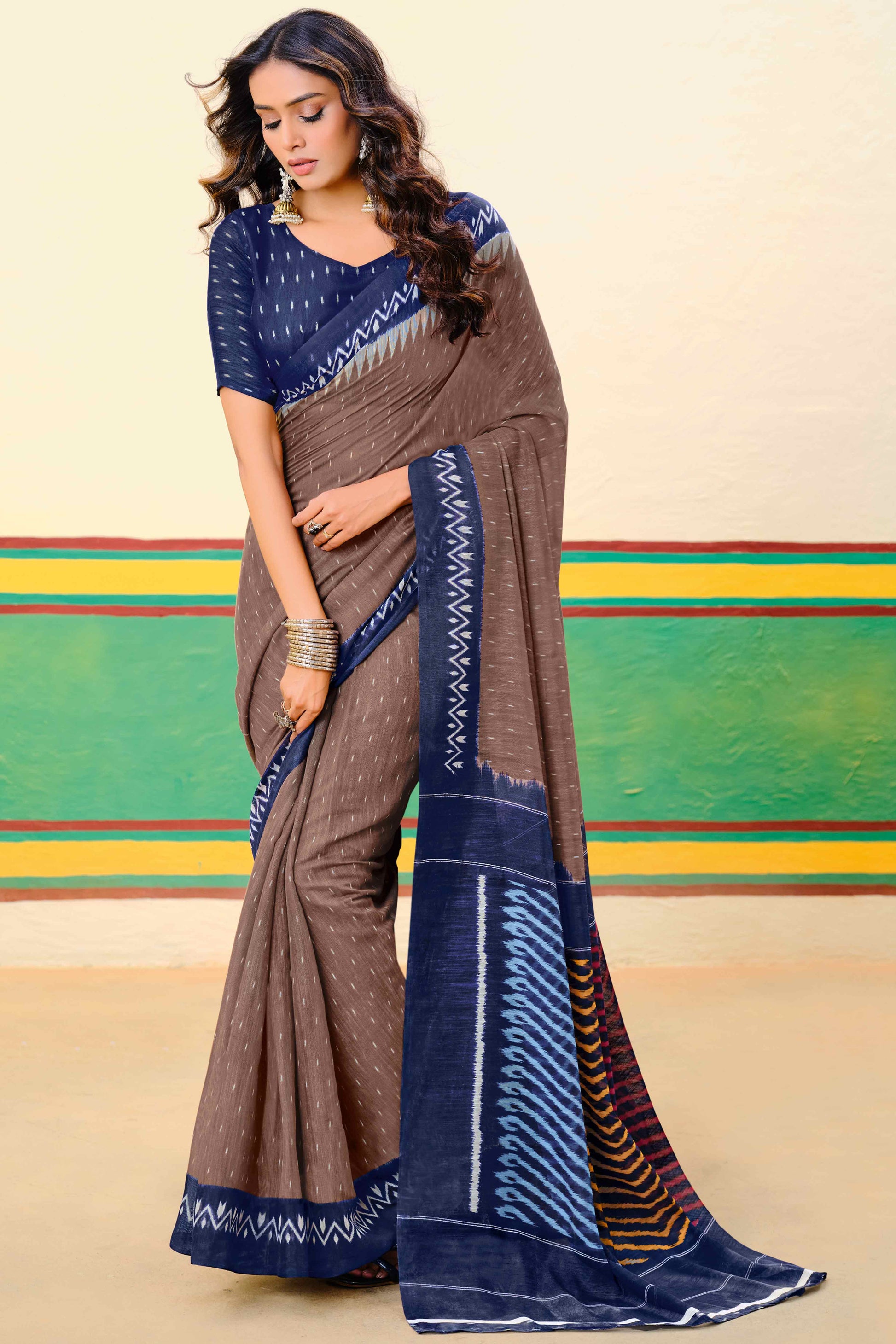 Brown Ikkat Printed Mulmul Cotton Saree