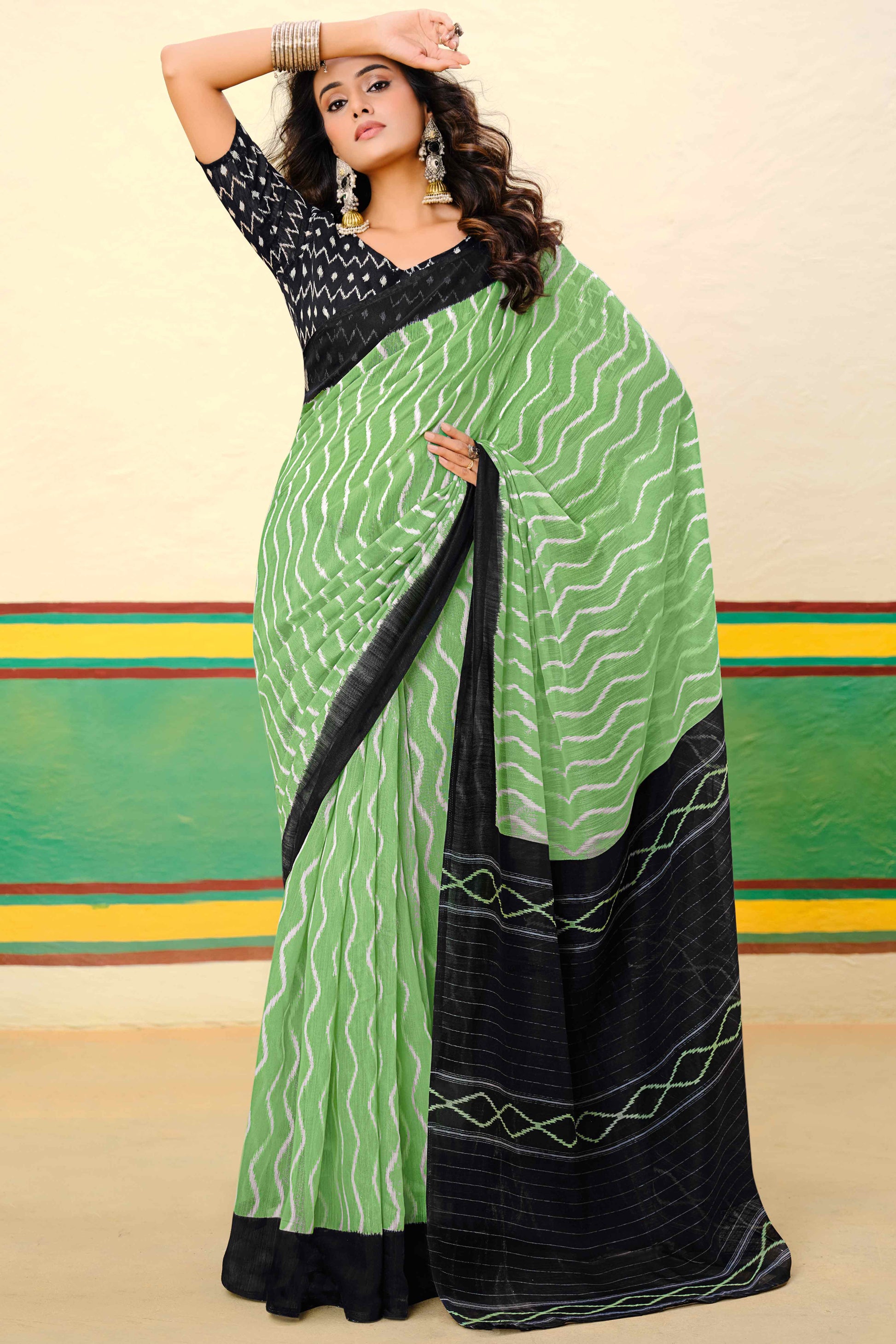green-ikkat-printed-mulmul-cotton-saree