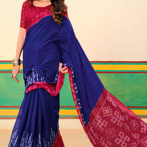 Dark Navy Blue Ikkat Printed Mulmul Cotton Saree