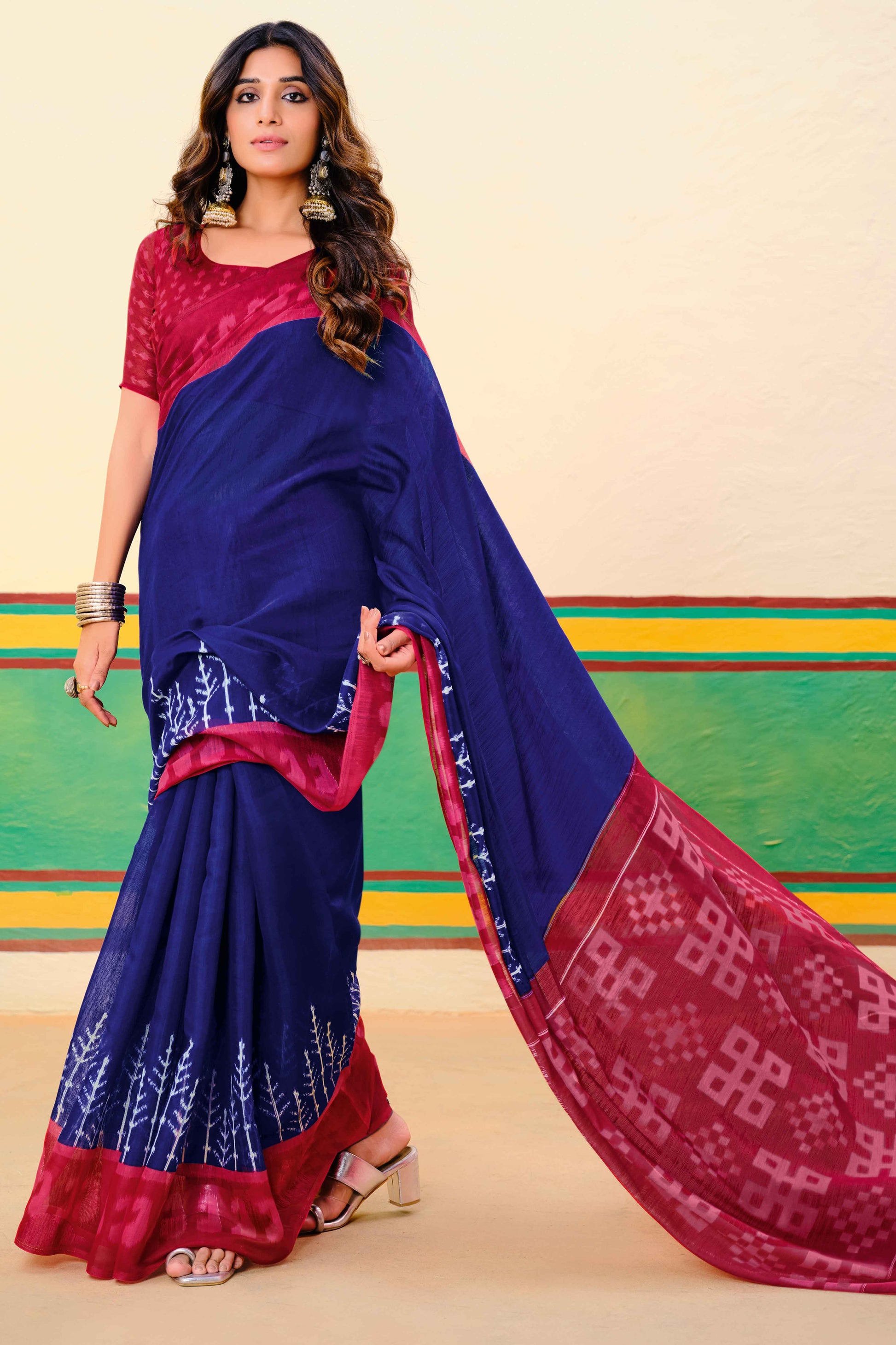 Dark Navy Blue Ikkat Printed Mulmul Cotton Saree