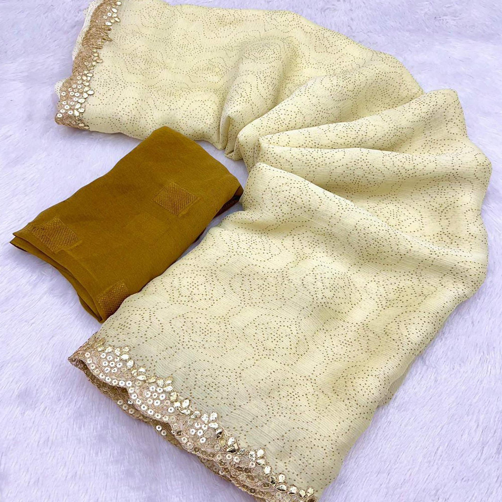 Cream Printed Chiffon Saree With Sequins Embroidered Border