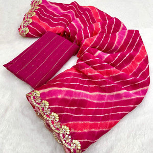 Magenta Leheriya Printed Chiffon Saree With Sequins Embroidered Border