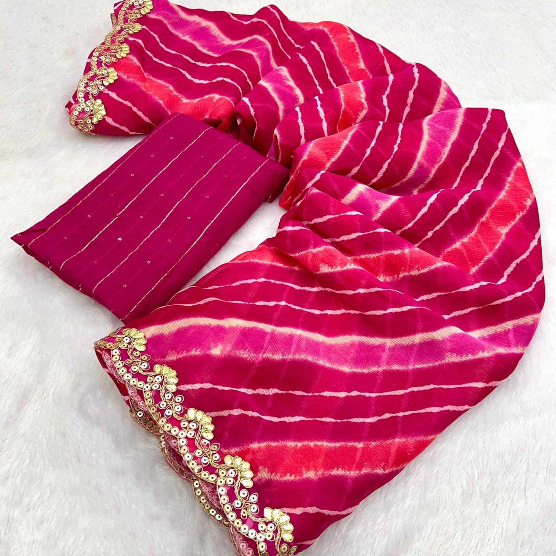 Magenta Leheriya Printed Chiffon Saree With Sequins Embroidered Border