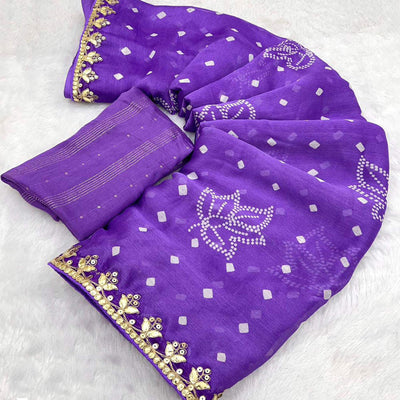 Lavender Bandhani Printed Chiffon Saree With Sequins Embroidered Border