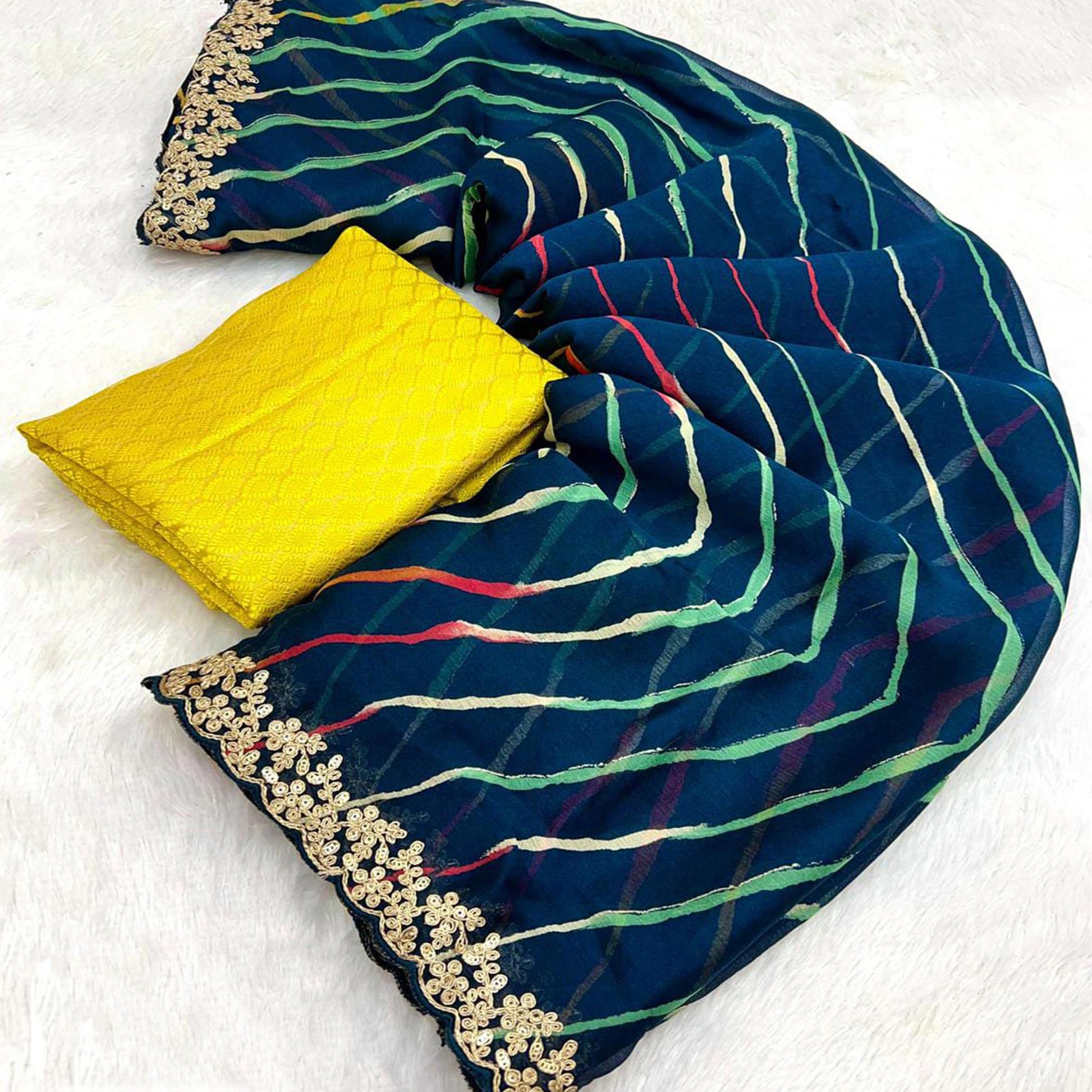 Morpich Blue Leheriya Printed Chiffon Saree With Sequins Embroidered Border