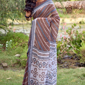 Brown Leheriya Printed Linen Saree