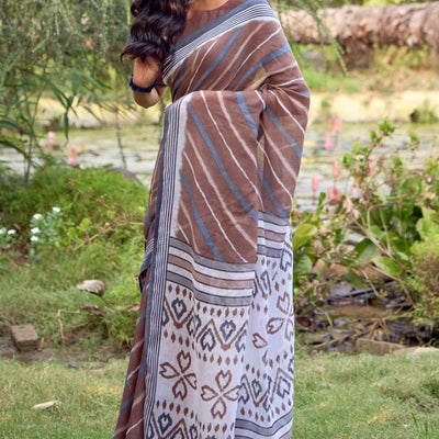Brown Leheriya Printed Linen Saree