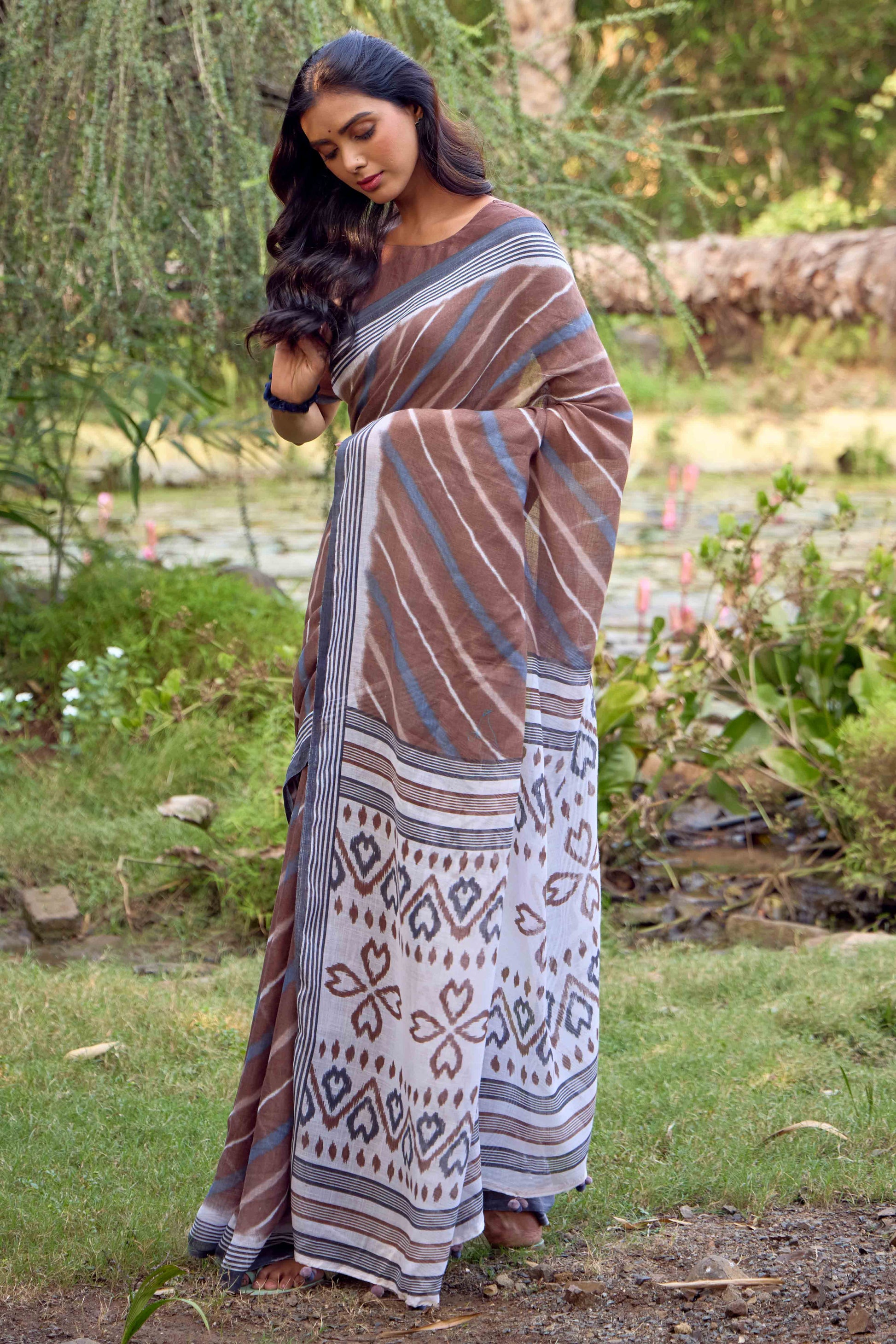 Brown Leheriya Printed Linen Saree