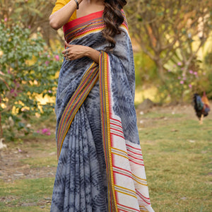 Grey Tie Dye Printed Linen Saree