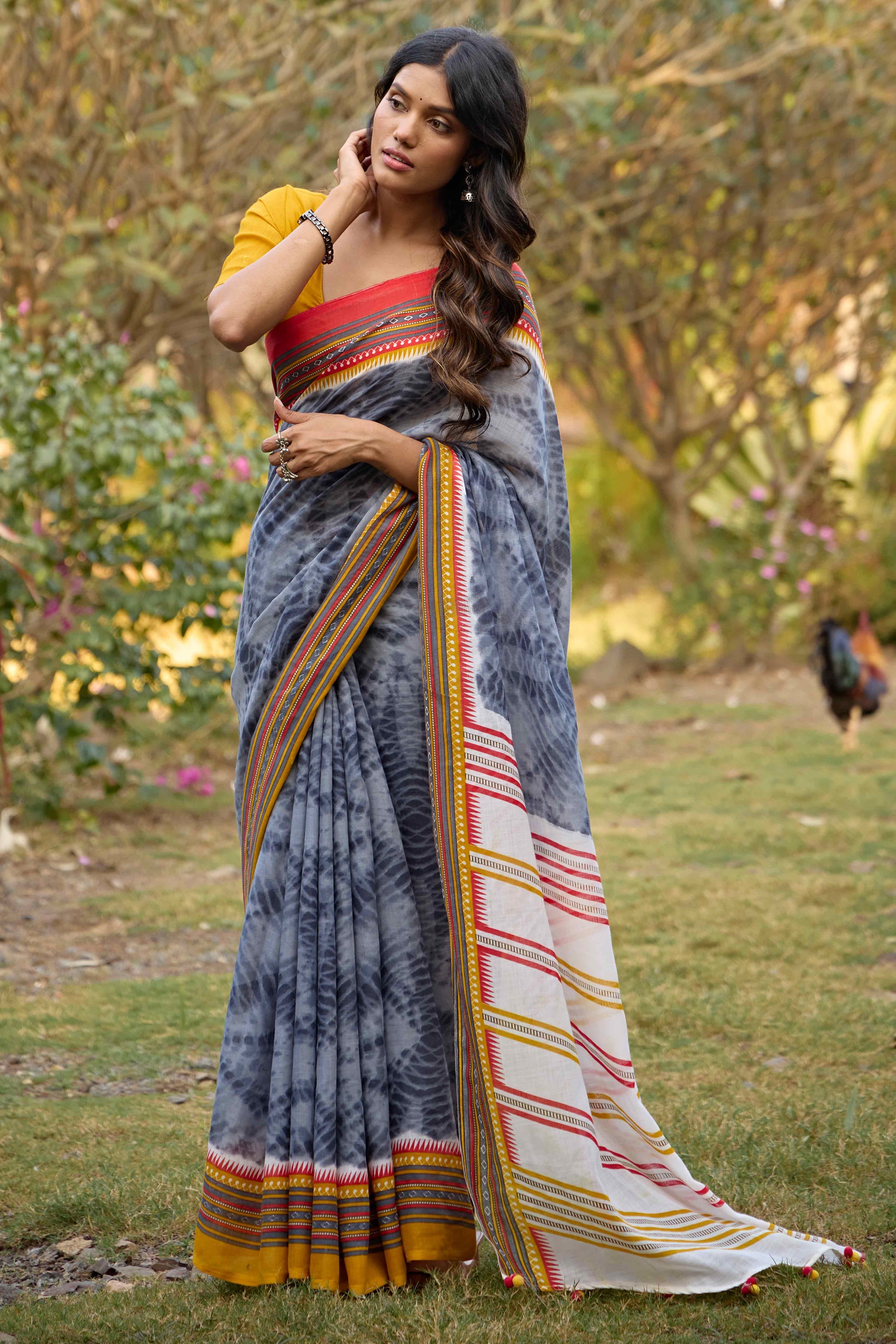 Grey Tie Dye Printed Linen Saree