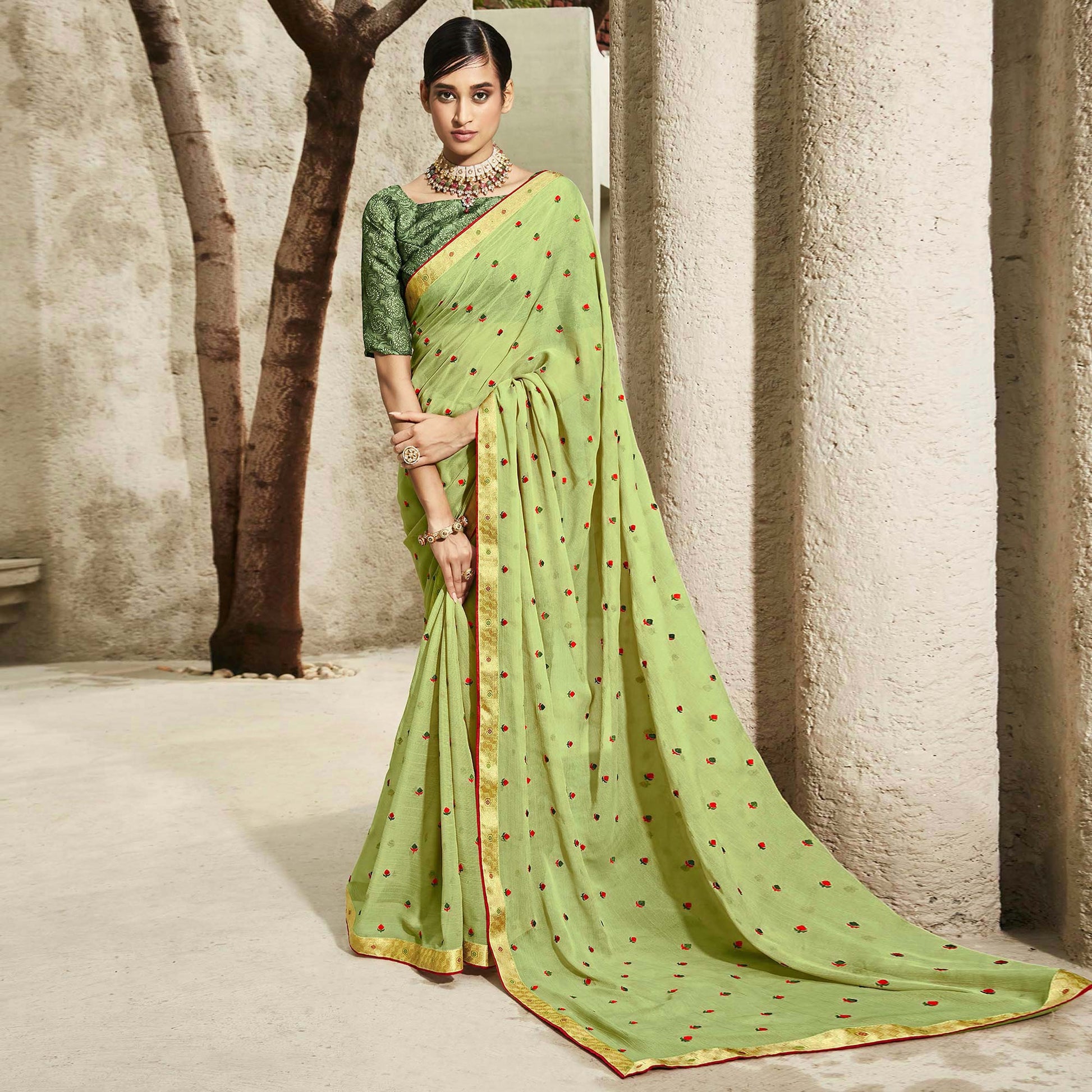 green-floral-embroidered-chiffon-saree-3