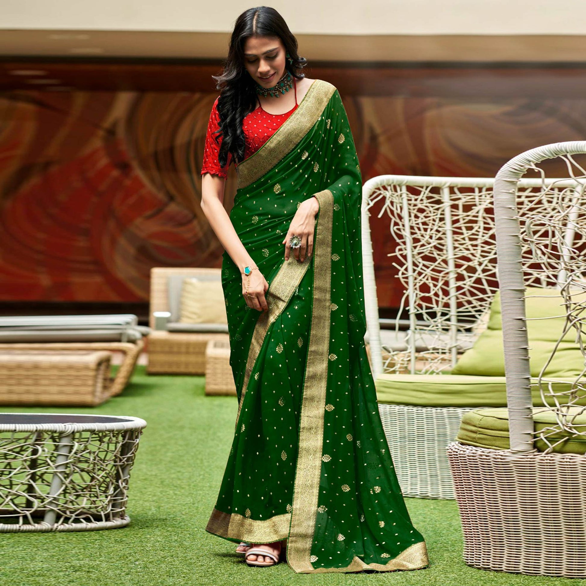 green-foil-printed-with-woven-border-geoergette-saree
