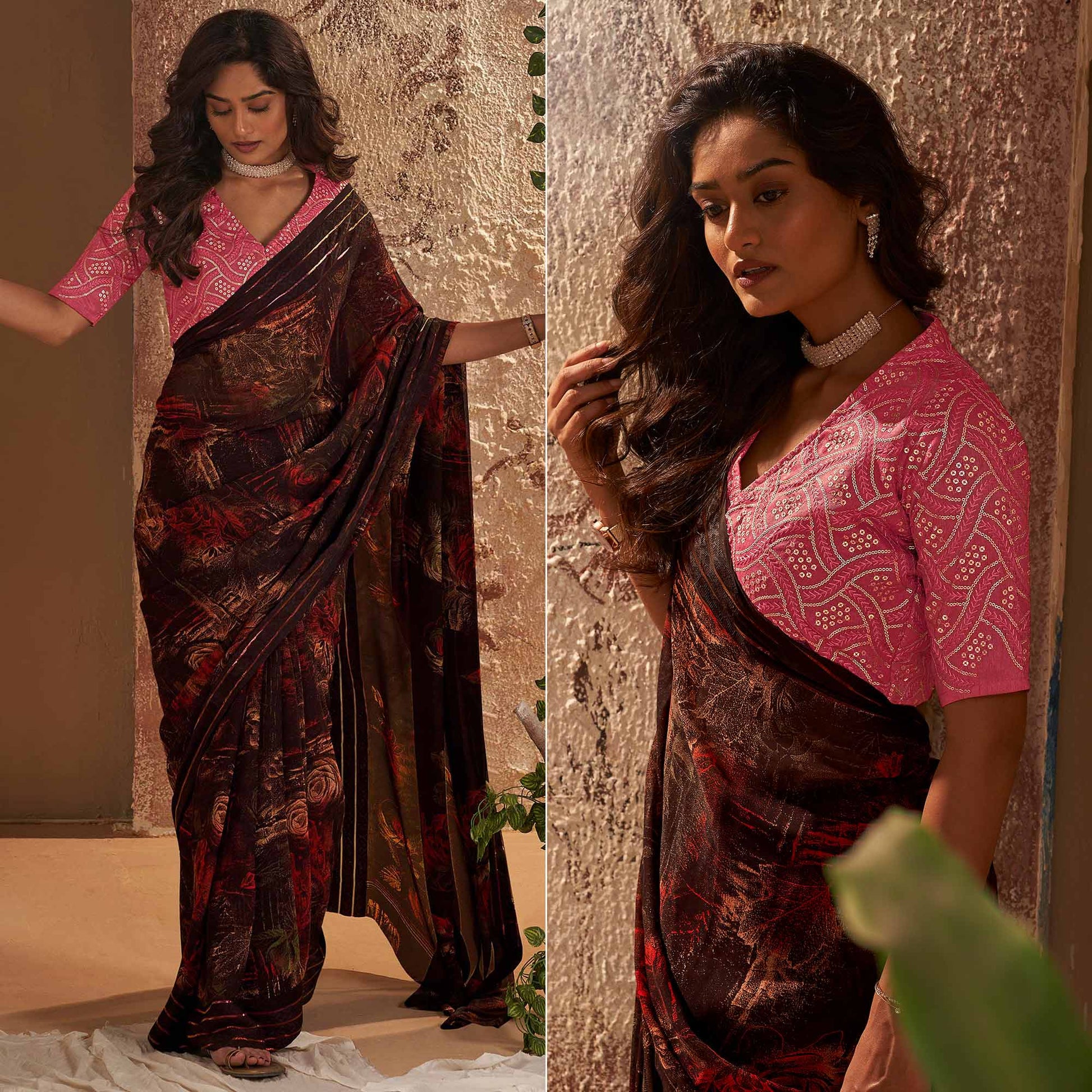 Coffee Brown Floral Printed Georgette Saree