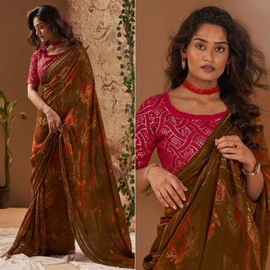 Brown Floral Printed Georgette Saree