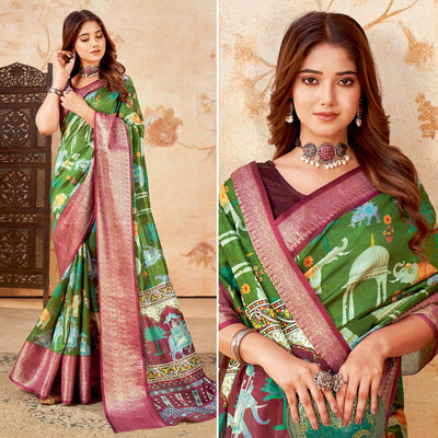 green-printed-cotton-silk-saree-with-jacquard-border