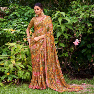 Brown Floral Printed Chiffon Saree With Zari Work
