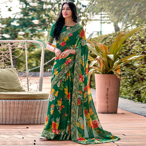 green-floral-printed-georgette-saree-with-border-jacquard-blouse