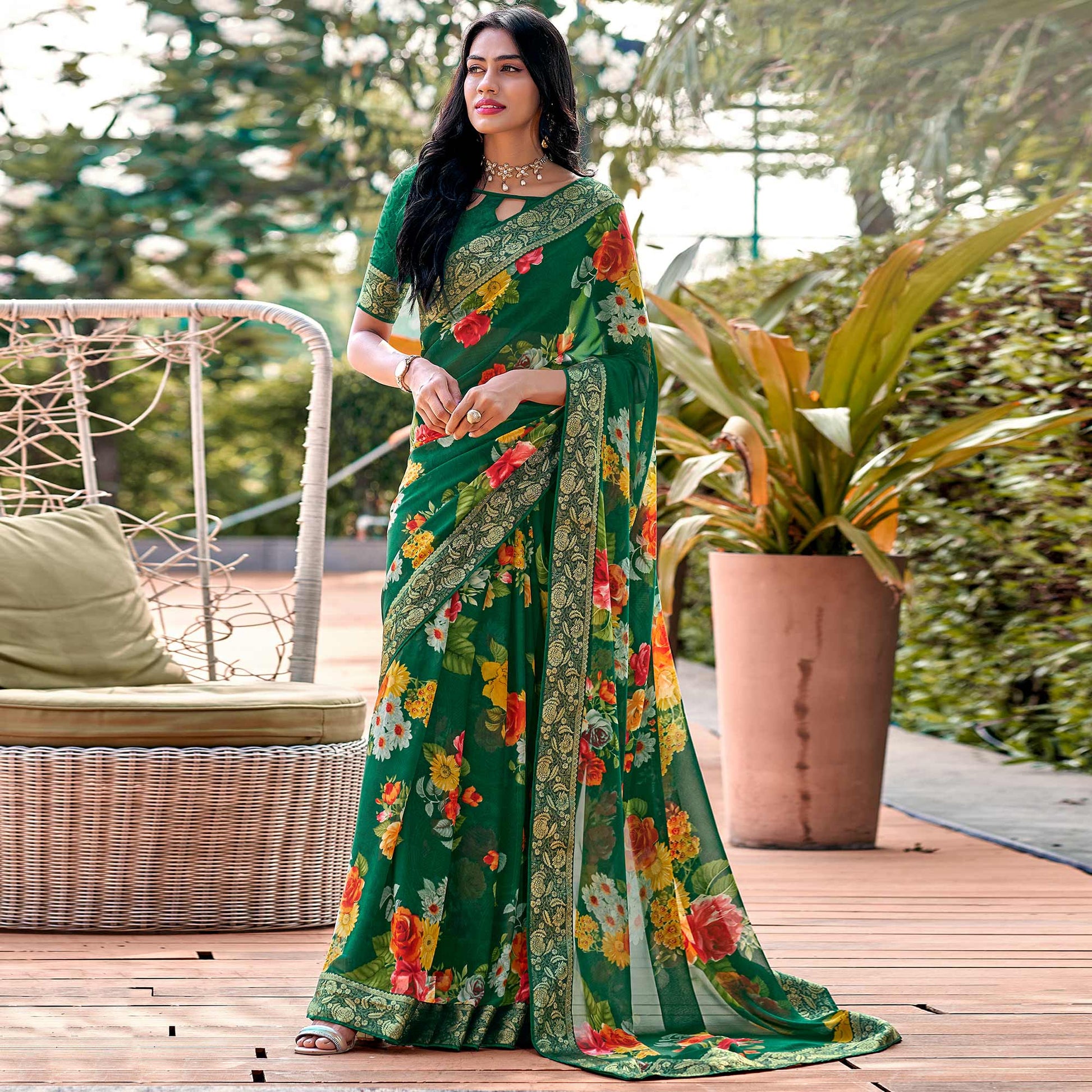 green-floral-printed-georgette-saree-with-border-jacquard-blouse