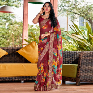 Maroon Floral Printed Georgette Saree With Border & Jacquard Blouse