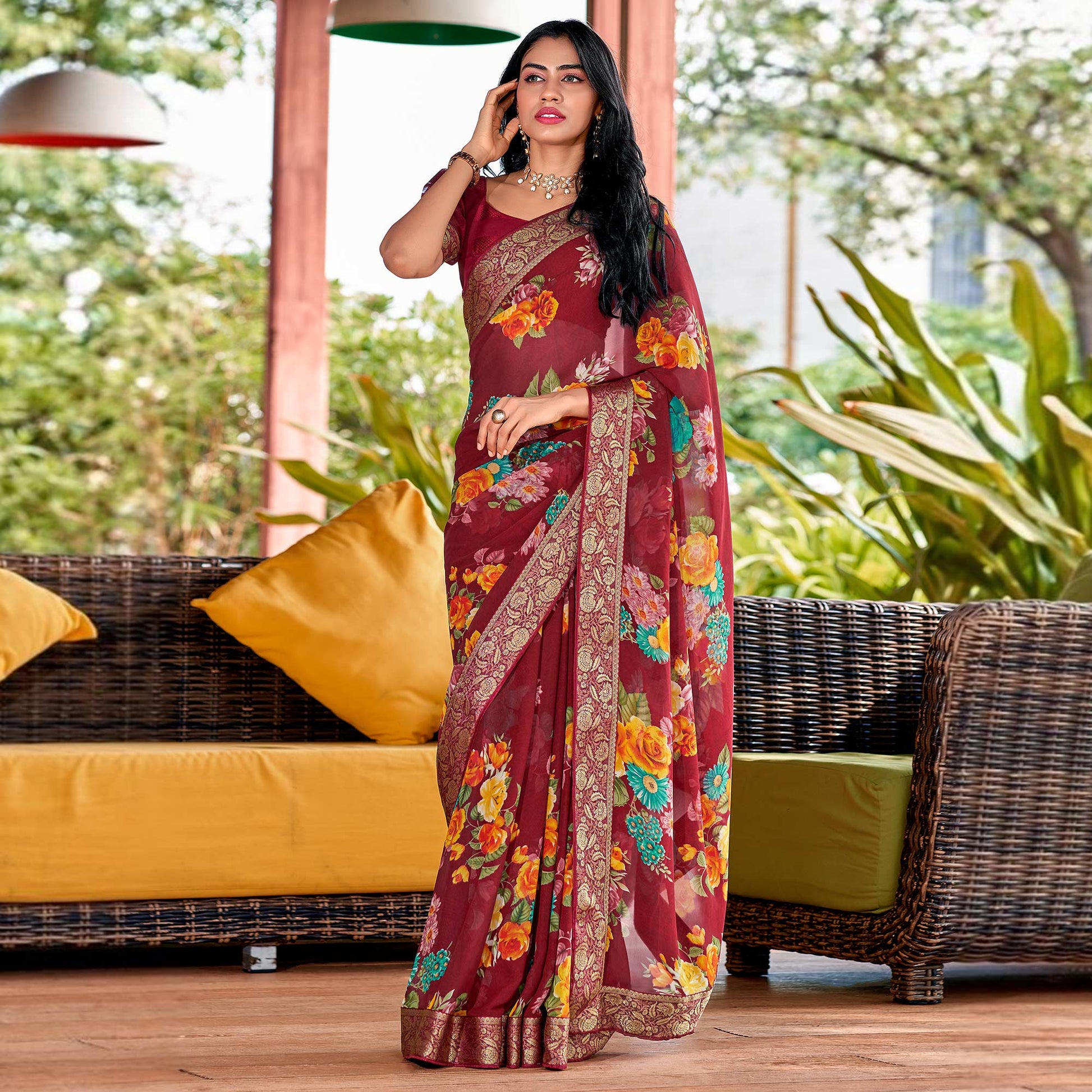 Maroon Floral Printed Georgette Saree With Border & Jacquard Blouse