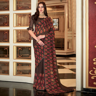Brown Floral Printed Georgette Saree with Stich Border