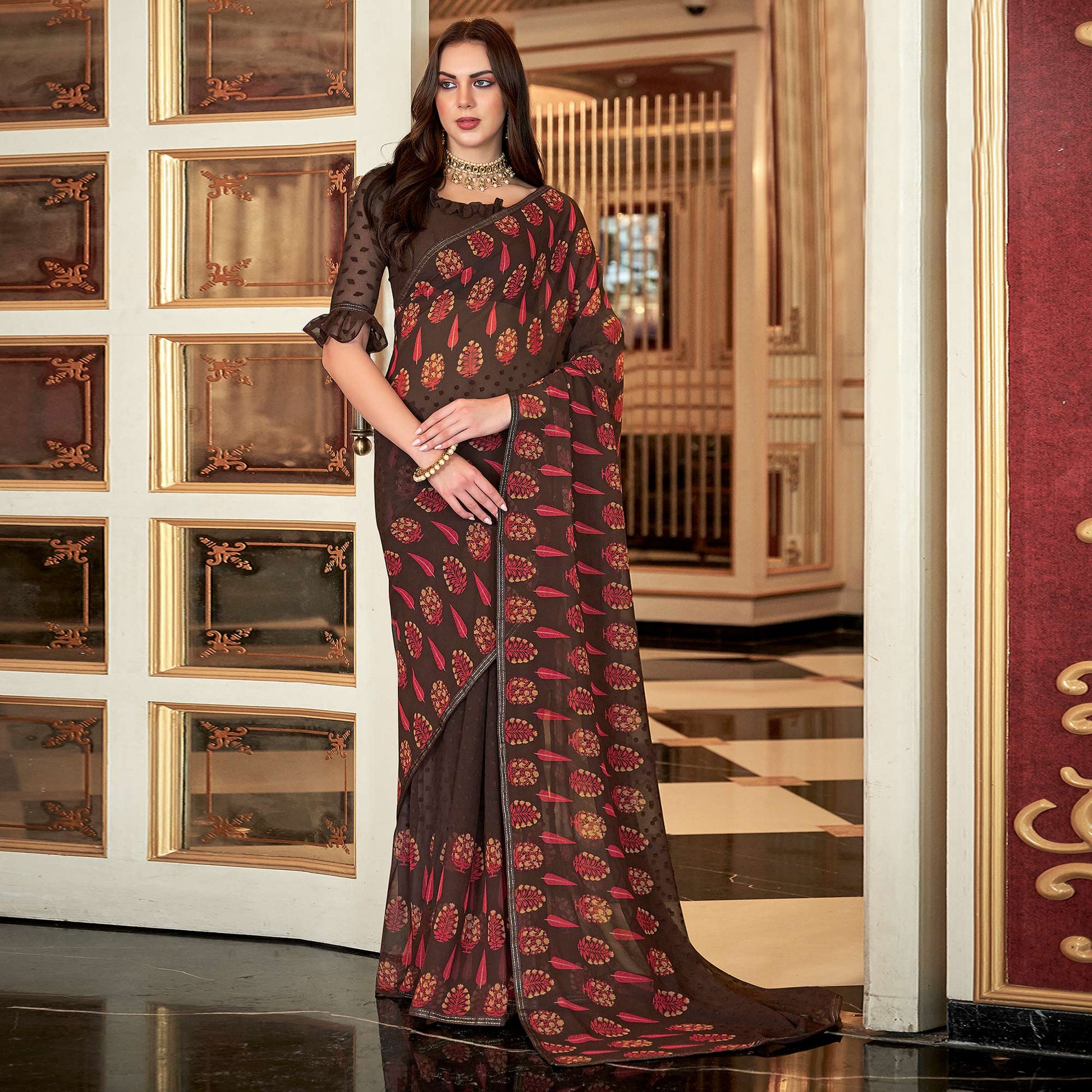Brown Floral Printed Georgette Saree with Stich Border