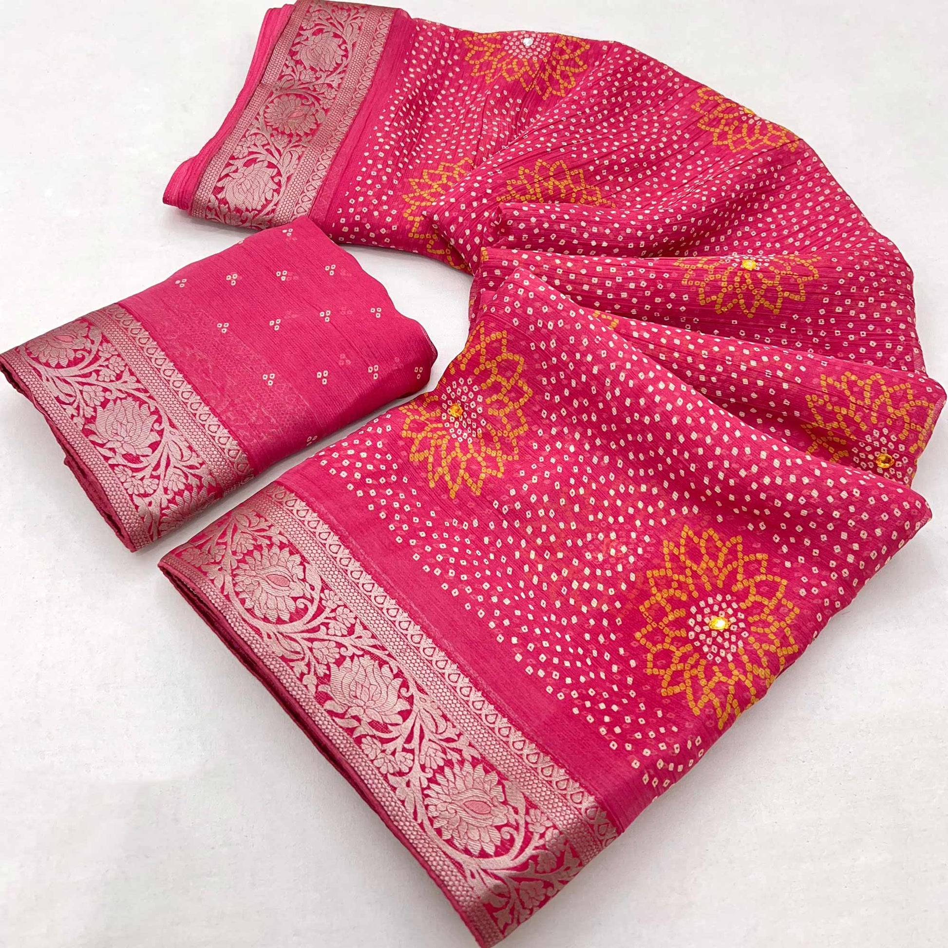 Gajri Pink Bandhani Printed Chiffon Saree