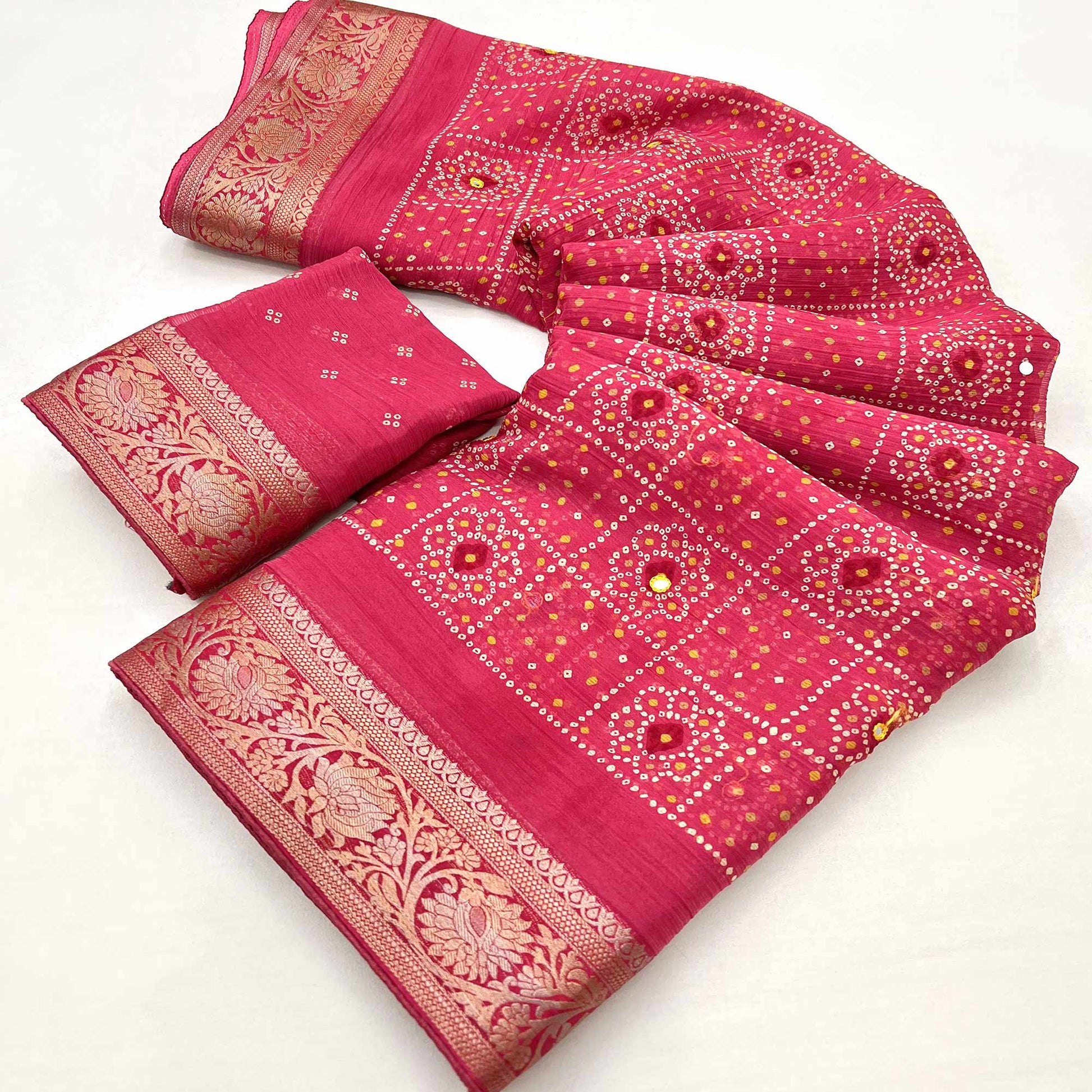 Gajri Pink Bandhani Printed Chiffon Saree