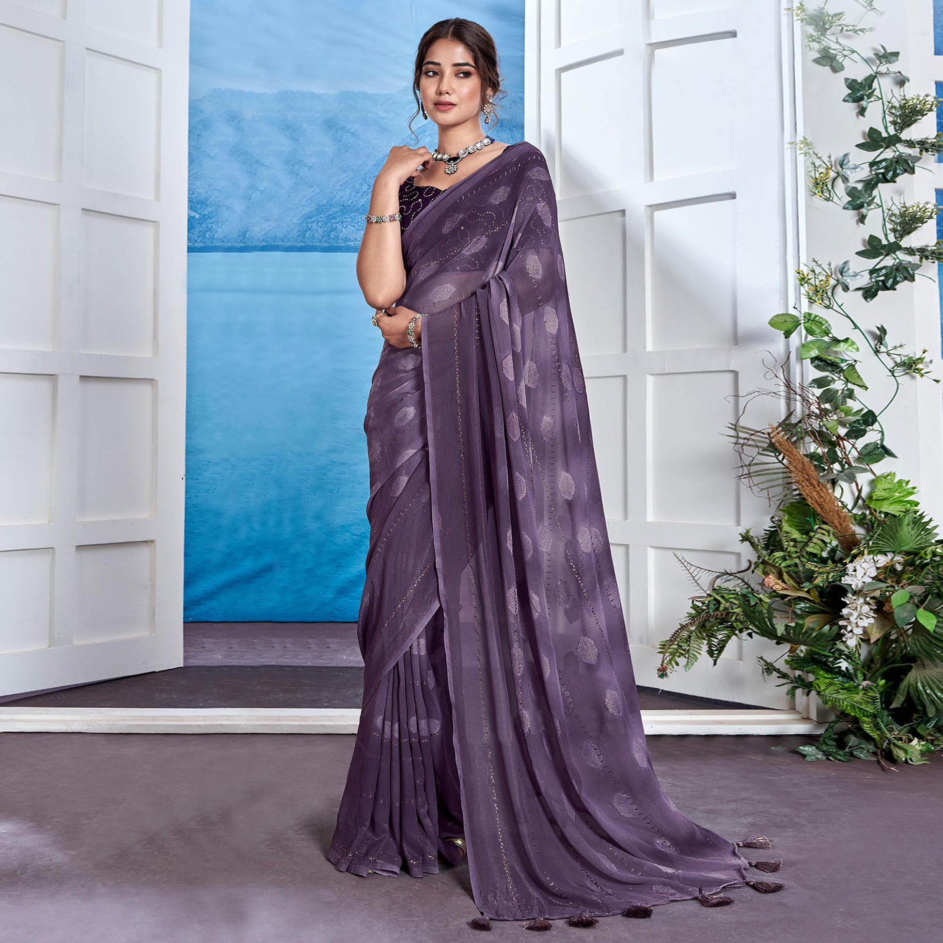 Dark Purple Woven Fancy Fabric Saree With Tassels