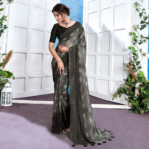 Grey Woven Fancy Fabric Saree With Tassels