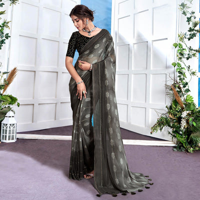 Grey Woven Fancy Fabric Saree With Tassels