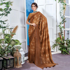 Brown Woven Fancy Fabric Saree With Tassels