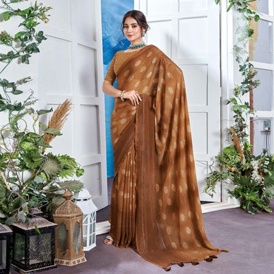 Brown Woven Fancy Fabric Saree With Tassels
