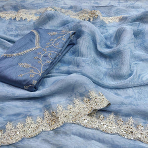 Bluish Grey Floral Printed Jimmy Choo Tissue Saree With Sequins Embroidered Border
