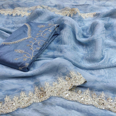 Bluish Grey Floral Printed Jimmy Choo Tissue Saree With Sequins Embroidered Border