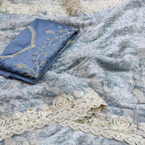 Bluish Grey Floral Printed Jimmy Choo Tissue Saree With Sequins Embroidered Border
