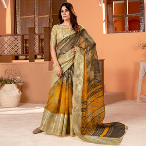 Brown & Mustard Printed Organza Saree With Woven Border