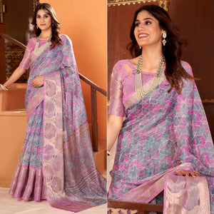 Light Purple Printed Organza Saree With Woven Border