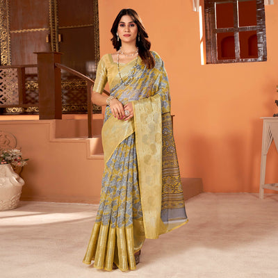Light Mustard Printed Organza Saree With Woven Border