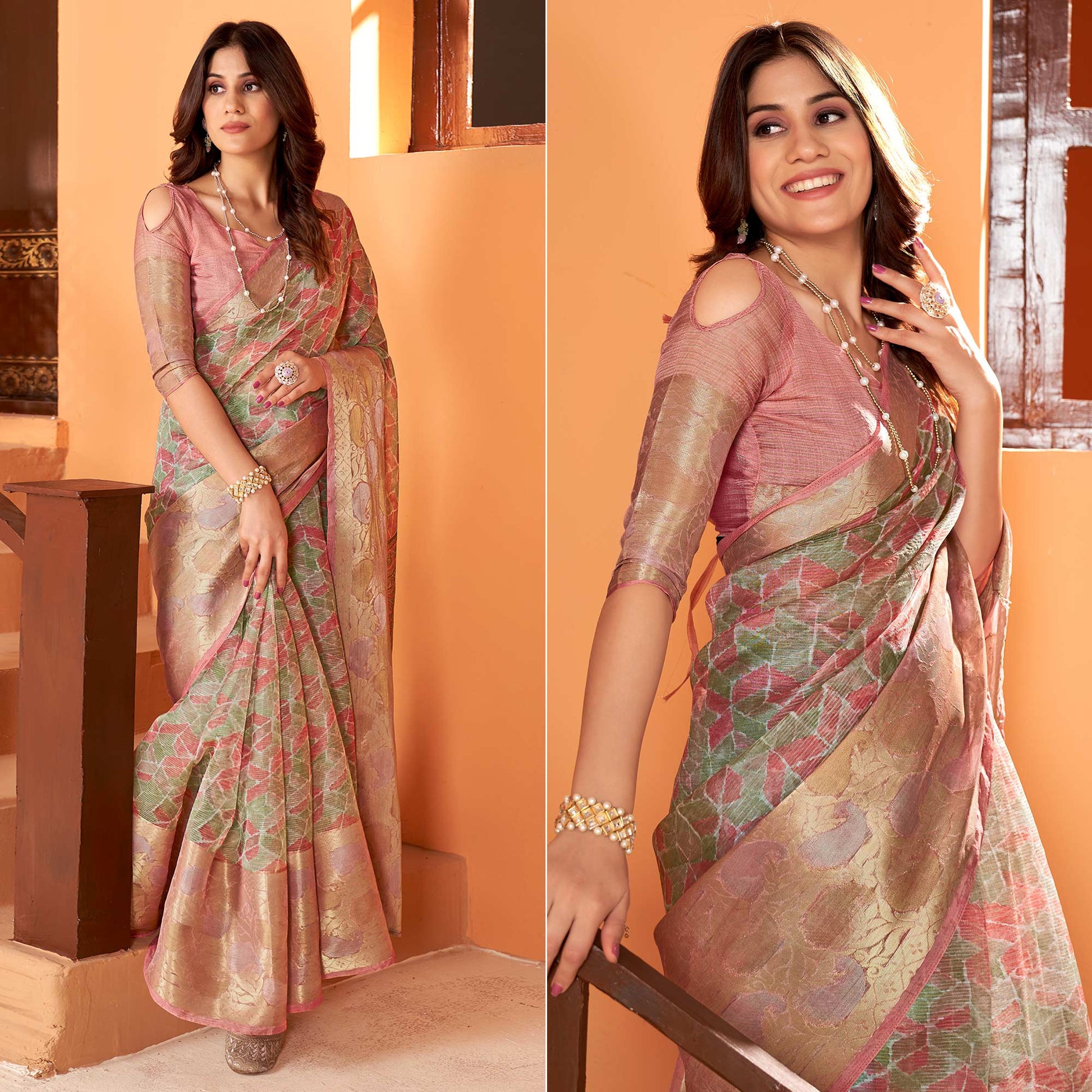 Light Peach Printed Organza Saree With Woven Border