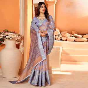 Light Lavender Printed Organza Saree With Woven Border