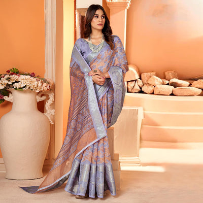 Light Lavender Printed Organza Saree With Woven Border