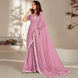 Mauve Floral Printed Chiffon Saree With Embroidered Border