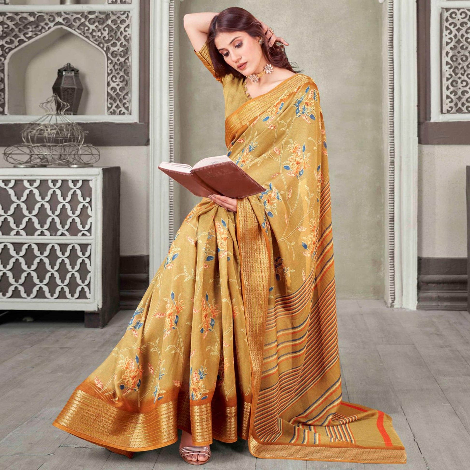 Chikoo Floral Printed Cotton Blend Saree With Jacquard Border