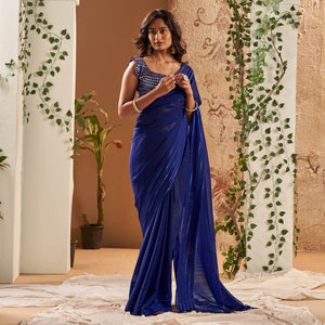 Blue Woven Georgette Saree With Tassels