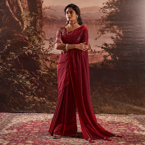 Maroon Woven Georgette Saree With Tassels